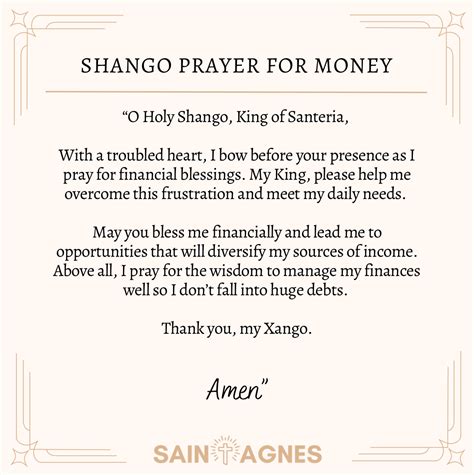 Practiced primarily in Trinidad, Grenada, and Recife (Brazil) where it is known as Xango, it was developed in the 19th century. . Shango prayer for money